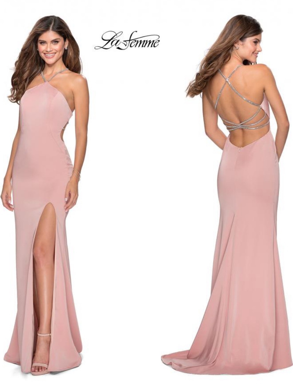 LA FEMME High Neckline Gown with Rhinestone Straps